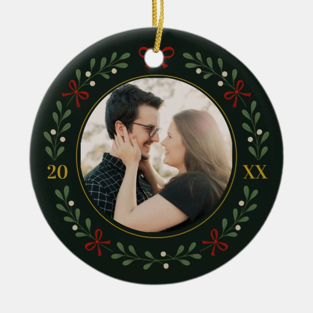 Couple Photo Wreath First Christmas Together Ceramic Tree Decoration (Front)