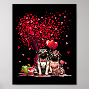 Couple Pugs Cotume Valentine's Day Tree Cute Heart Poster