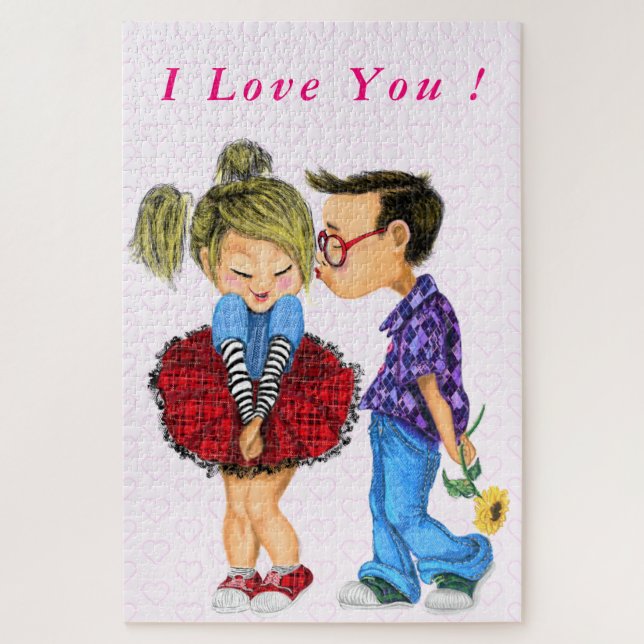 Couple Puzzle Gift Kiss - I Love You - Custom Text (Vertical)