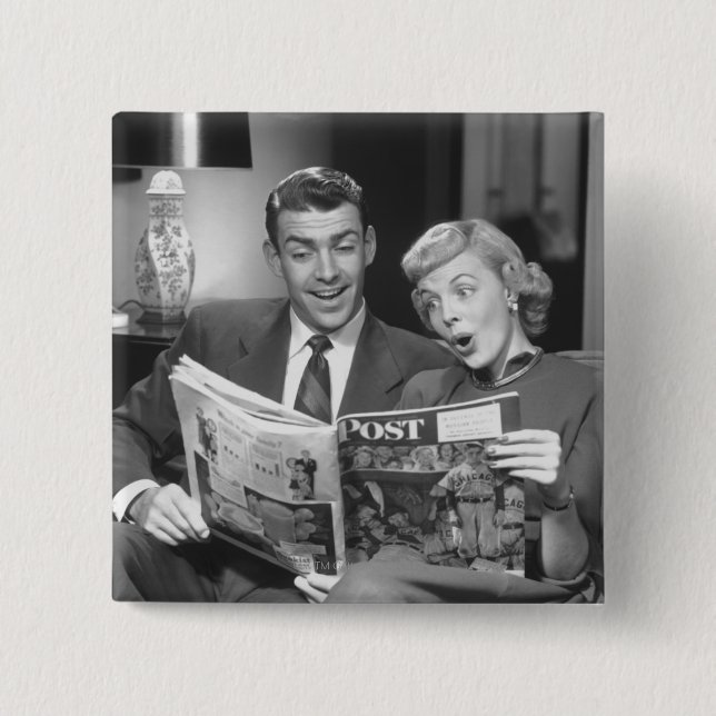 Couple Reading Magazine 15 Cm Square Badge (Front)