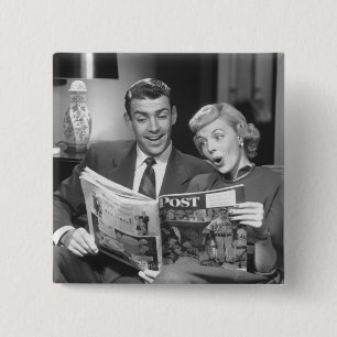 Couple Reading Magazine 15 Cm Square Badge