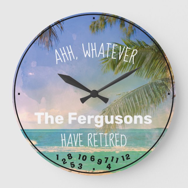 Couple Retired Family Name Beach Retirement  Large Clock (Front)