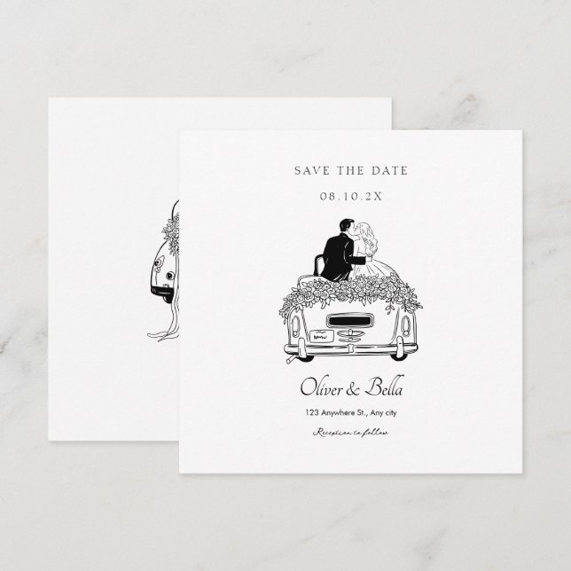Couple ride a car wedding  invitation (Front/Back)