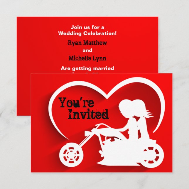 Couple Riding Motorcycle, Heart Wedding Invitation (Front/Back)