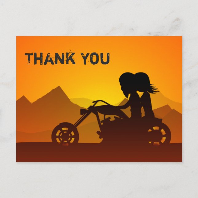 Couple Riding Motorcycle with Mountains Thank You Postcard (Front)