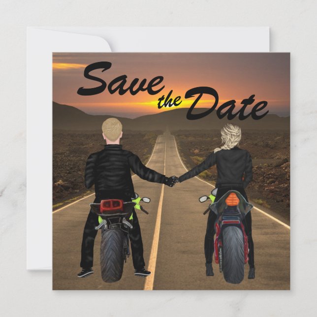 Couple Riding Motorcycles at Sunset Wedding Save The Date (Front)