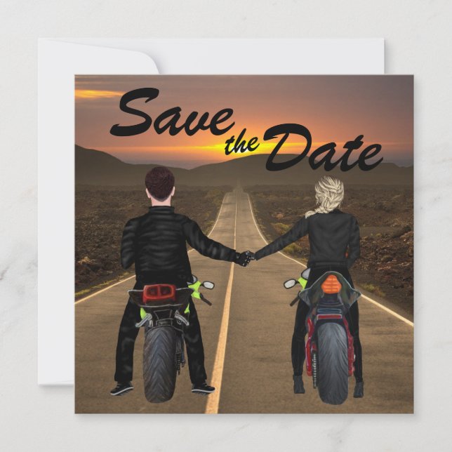 Couple Riding Motorcycles at Sunset Wedding Save The Date (Front)