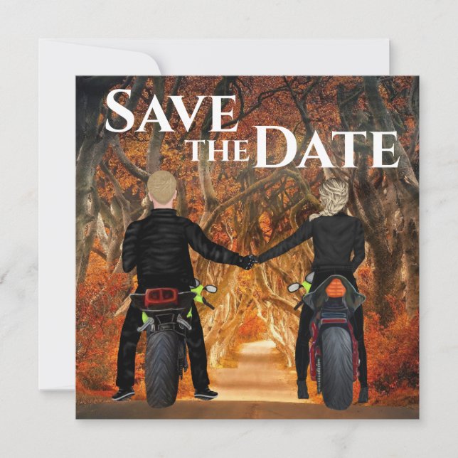Couple Riding Motorcycles Autumn Forest Wedding Save The Date (Front)