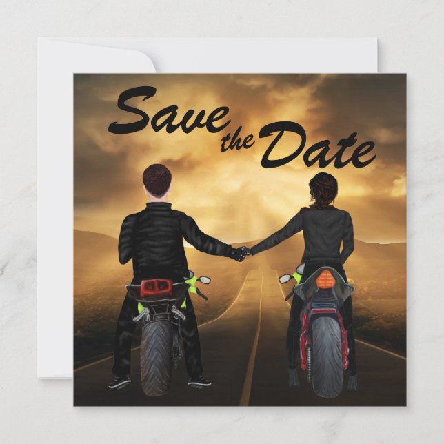 Couple Riding Motorcycles Magical Sunset Wedding Save The Date (Front)