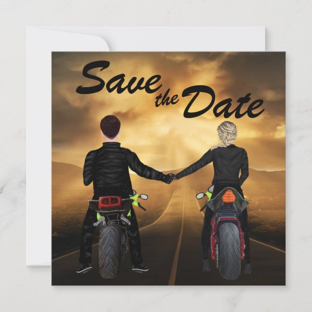 Couple Riding Motorcycles Magical Sunset Wedding Save The Date (Front)