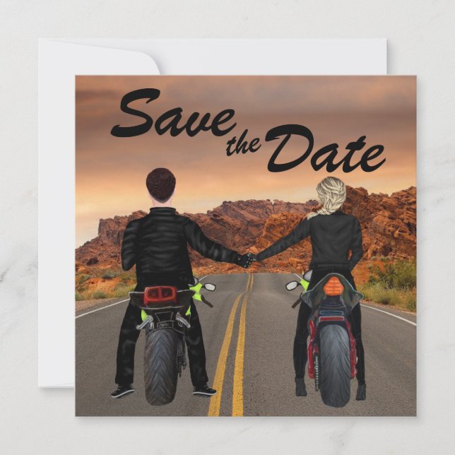 Couple Riding Motorcycles on Rocky Highway Wedding Save The Date (Front)
