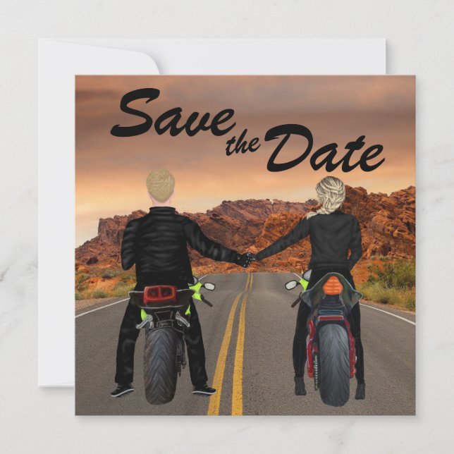 Couple Riding Motorcycles on Rocky Highway Wedding Save The Date (Front)