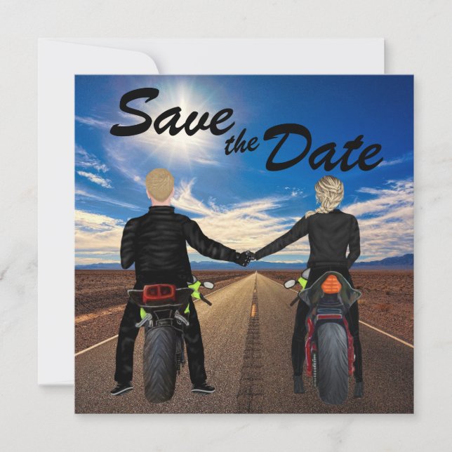 Couple Riding Motorcycles on Sunny Highway Wedding Save The Date (Front)