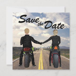 Couple Riding Motorcycles Road and Fields Wedding Save The Date