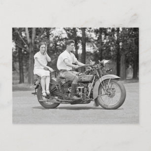 Couple Riding Motorcyle, 1928 Postcard