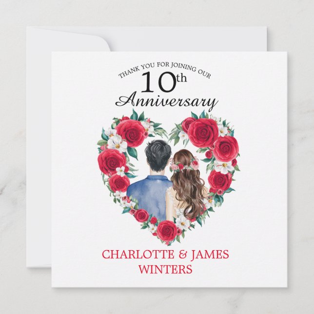 Couple Roses watercolor 10th Wedding Anniversary Thank You Card (Front)