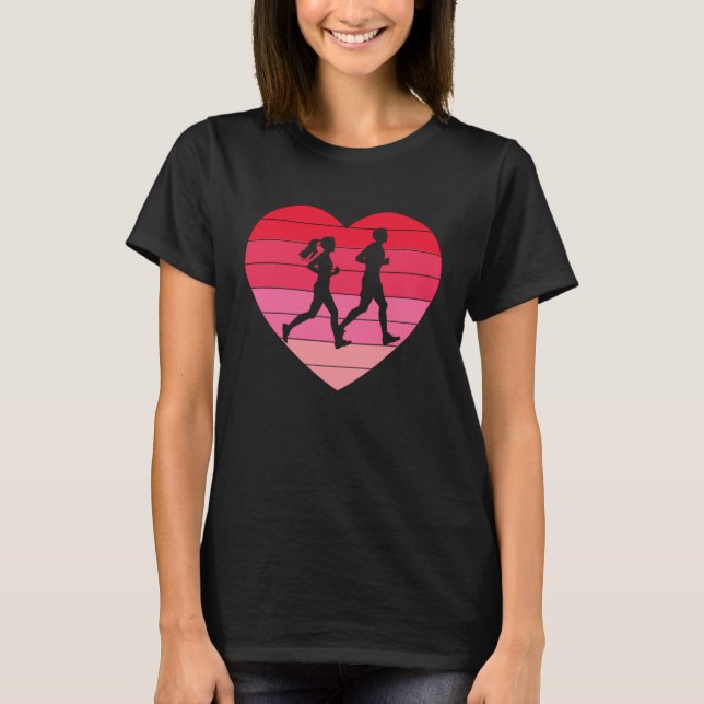 Couple Runner Retro Valentine Heart Love Trail Run T-Shirt (Front)
