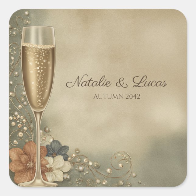 Couple’s Champagne Floral Wedding Shower Square Sticker (Front)