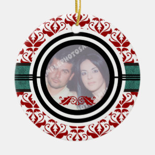 Couple’s first/1st Christmas damask photo ornament