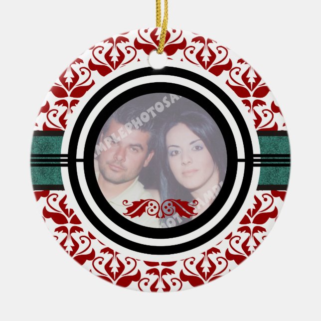 Couple’s first/1st Christmas damask photo ornament (Front)