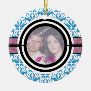 Couple’s first/1st Christmas damask photo ornament