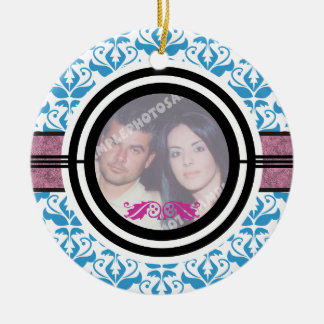 Couple’s first/1st Christmas damask photo ornament