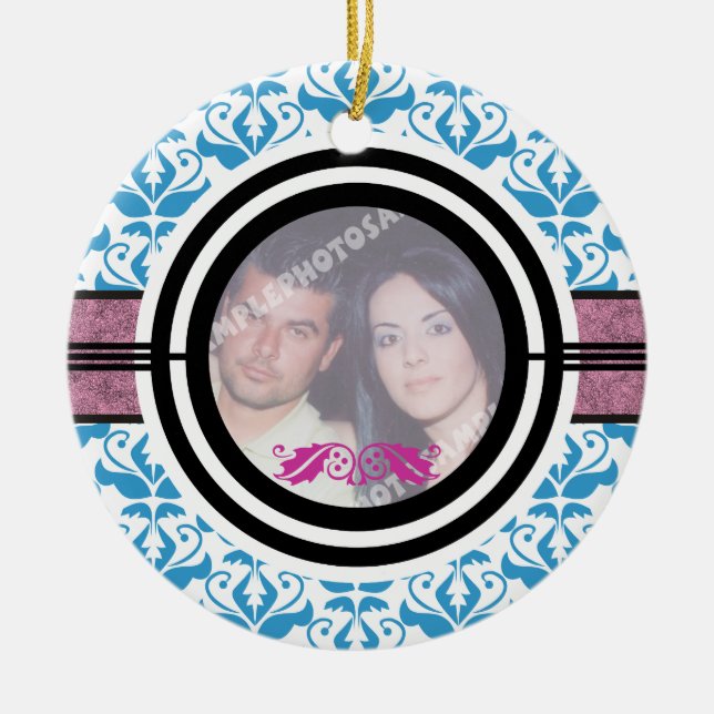 Couple’s first/1st Christmas damask photo ornament (Front)