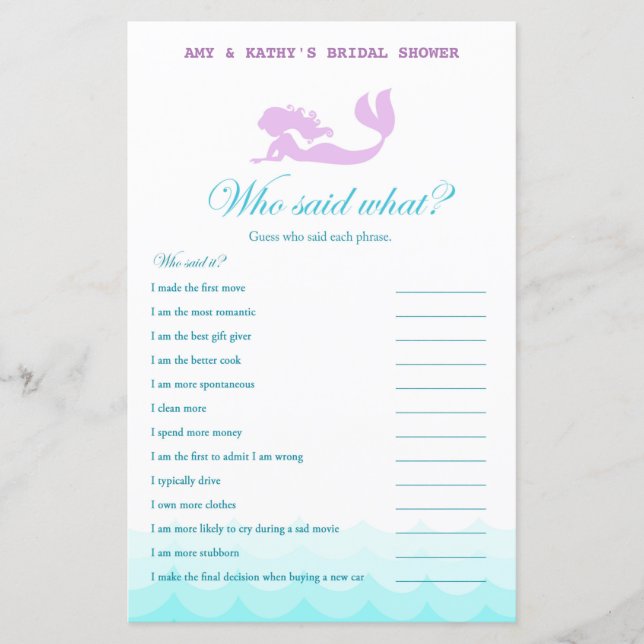 Couple, Same Gender, Mermaid Bridal Shower Game (Front)
