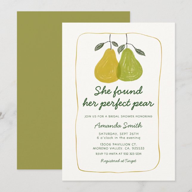 Couple She Found Her Perfect Pear Bridal Shower Invitation (Front/Back)