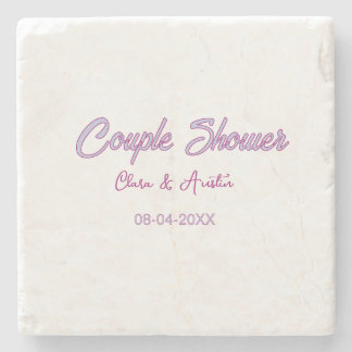 couple shower name date grey trendy simple pink stone coaster