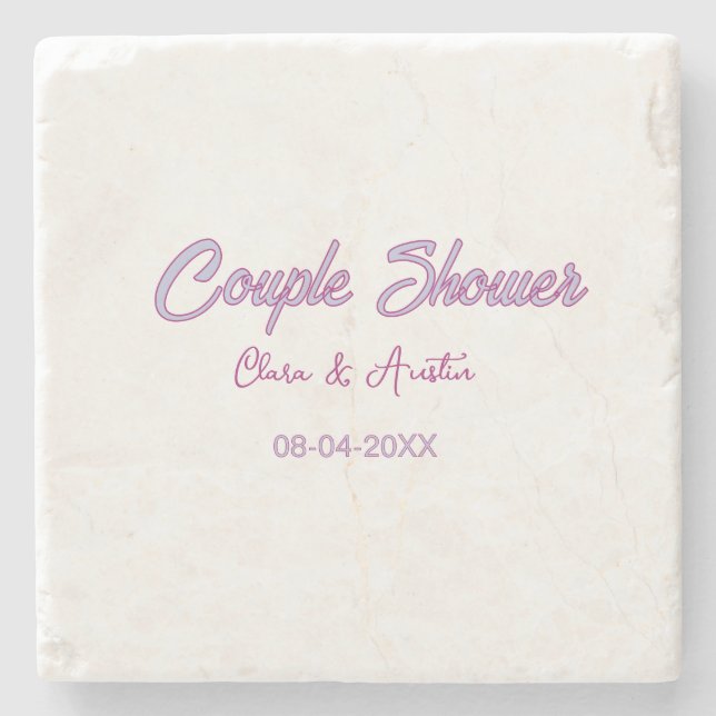 couple shower name date grey trendy simple pink stone coaster (Front)