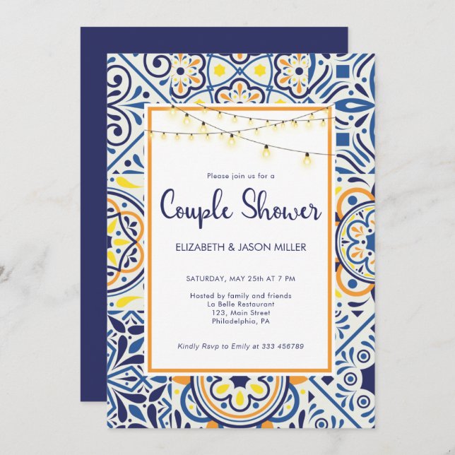 Couple Shower  tiles and string lights Invitation (Front/Back)