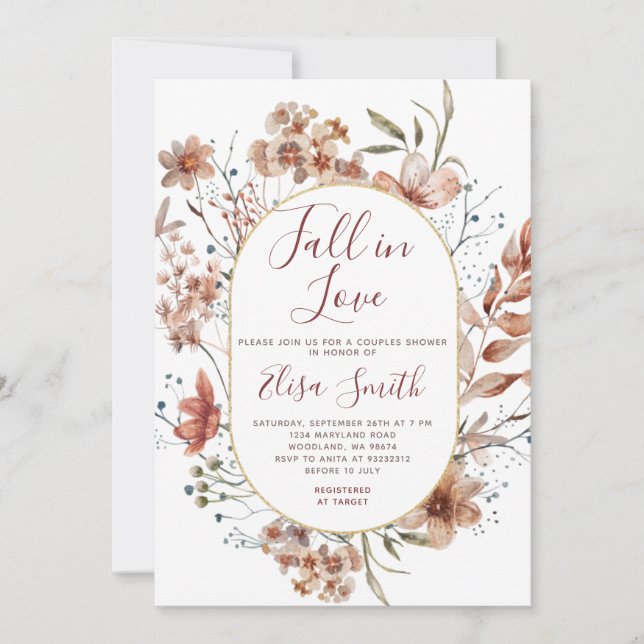 Couple Shower Watercolor Autumn Boho Wildflowers Invitation (Front)