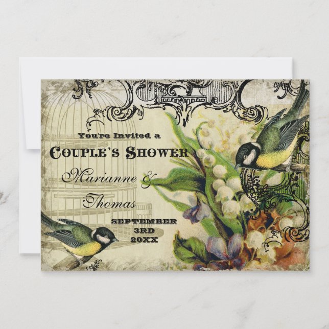 Couple Shower, Yellow Song Bird Cage Swirl Floral Invitation (Front)