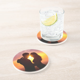 Couple Silhouette At Sunset Coaster