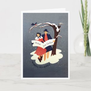 Couple singing under tree snow greeting card