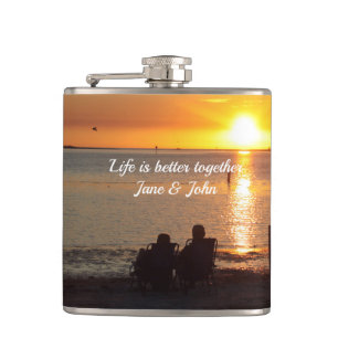 Couple Sit On Beach At Sunset Drink Flask