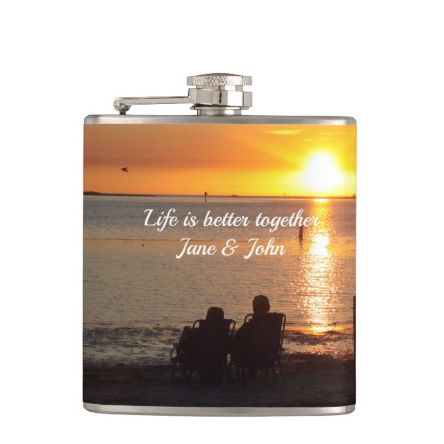 Couple Sit On Beach At Sunset Drink Flask (Front)