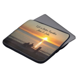 Couple Sit On Beach At Sunset Laptop Sleeve Quote
