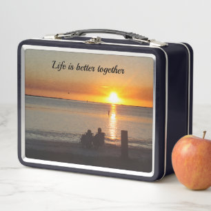 Couple Sit On Beach At Sunset Lunch Box