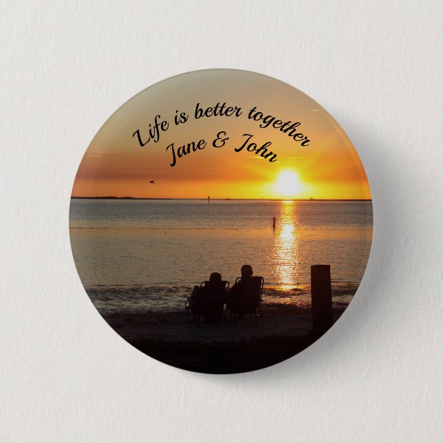 Couple Sit On Beach At Sunset Pin Button (Front)