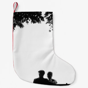 COUPLE SITTING ON BENCH UNDER TREE GRAYSCALE PHOTO SMALL CHRISTMAS STOCKING