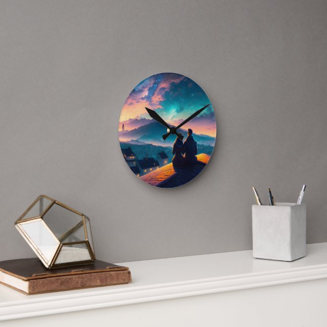 Couple Sitting On The Roof Round Clock (Office)