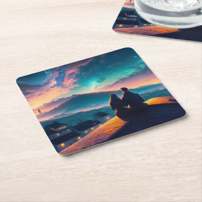 Couple Sitting On The Roof Square Paper Coaster (Angled)