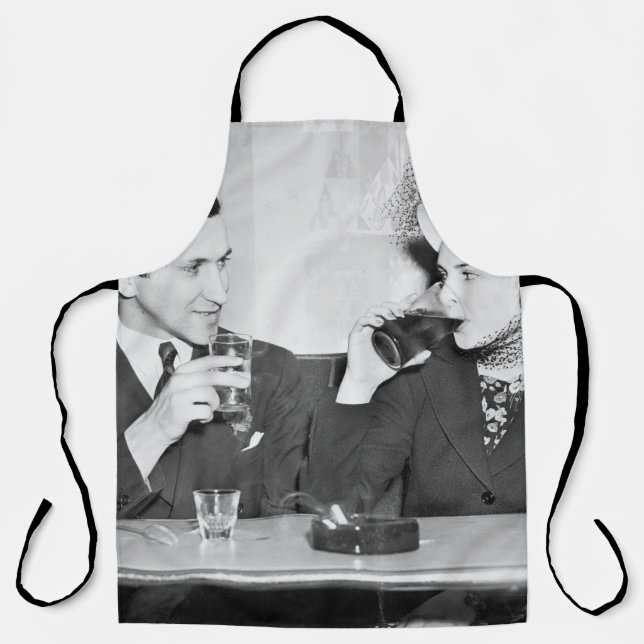 Couple sitting together in a restaurant flirting w apron (Front)