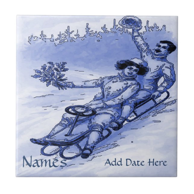Couple Sleigh Tile, Dutch Look, Personalise Tile (Front)