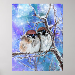 Couple Sparrow In Winter Poster