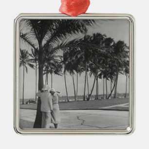 Couple standing at palm tree Rear view B&W Metal Tree Decoration