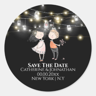Couple standing under mason jar lights night  classic round sticker
