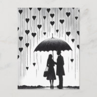 Couple Standing under Umbrella, Heart-Shaped Rain